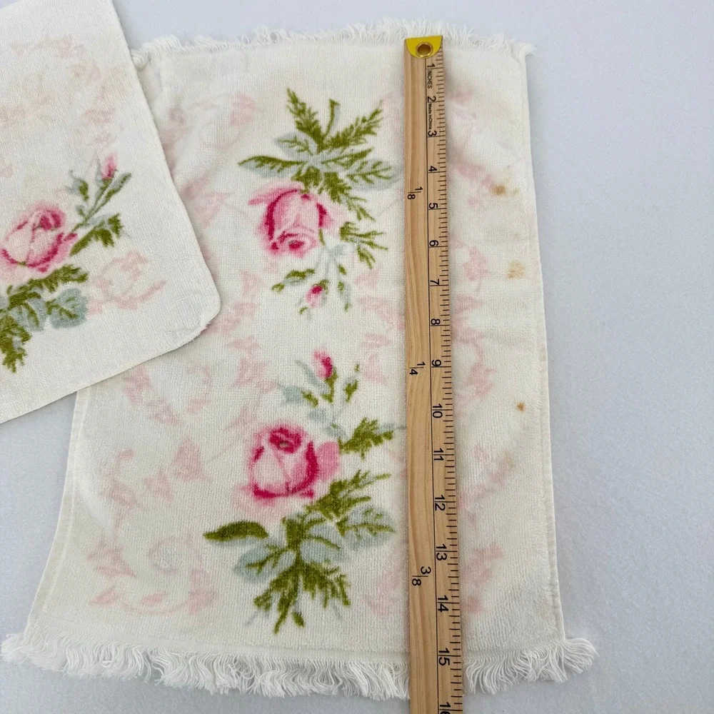 Vintage Martex Terri-Down Towels White Pink Rose‎ Floral Cotton READ